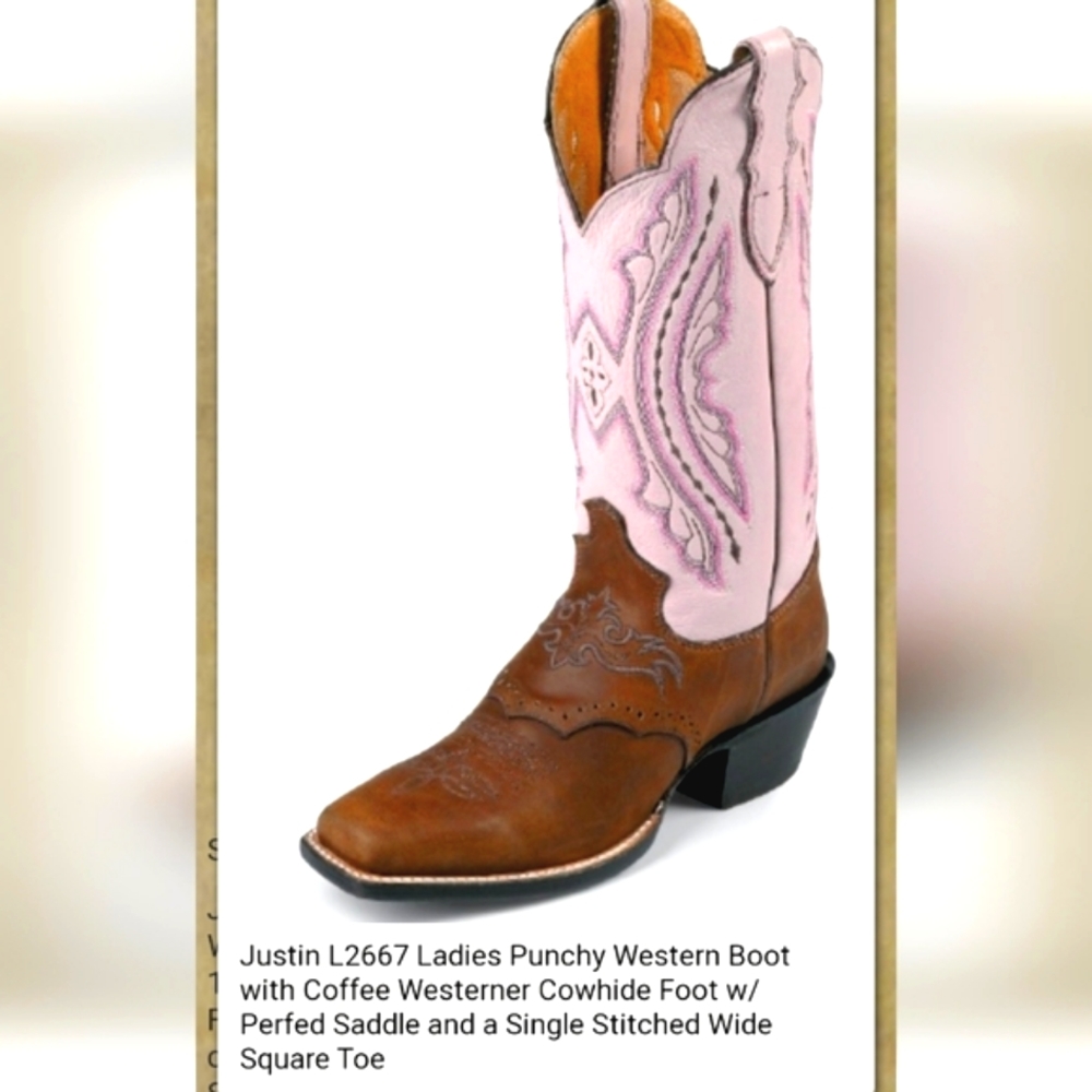 JUSTIN Punchy Pink Westerner Cowhide Foot COFFEE Leather Cowgirl Boots 8.5B EU C - Picture 4 of 16